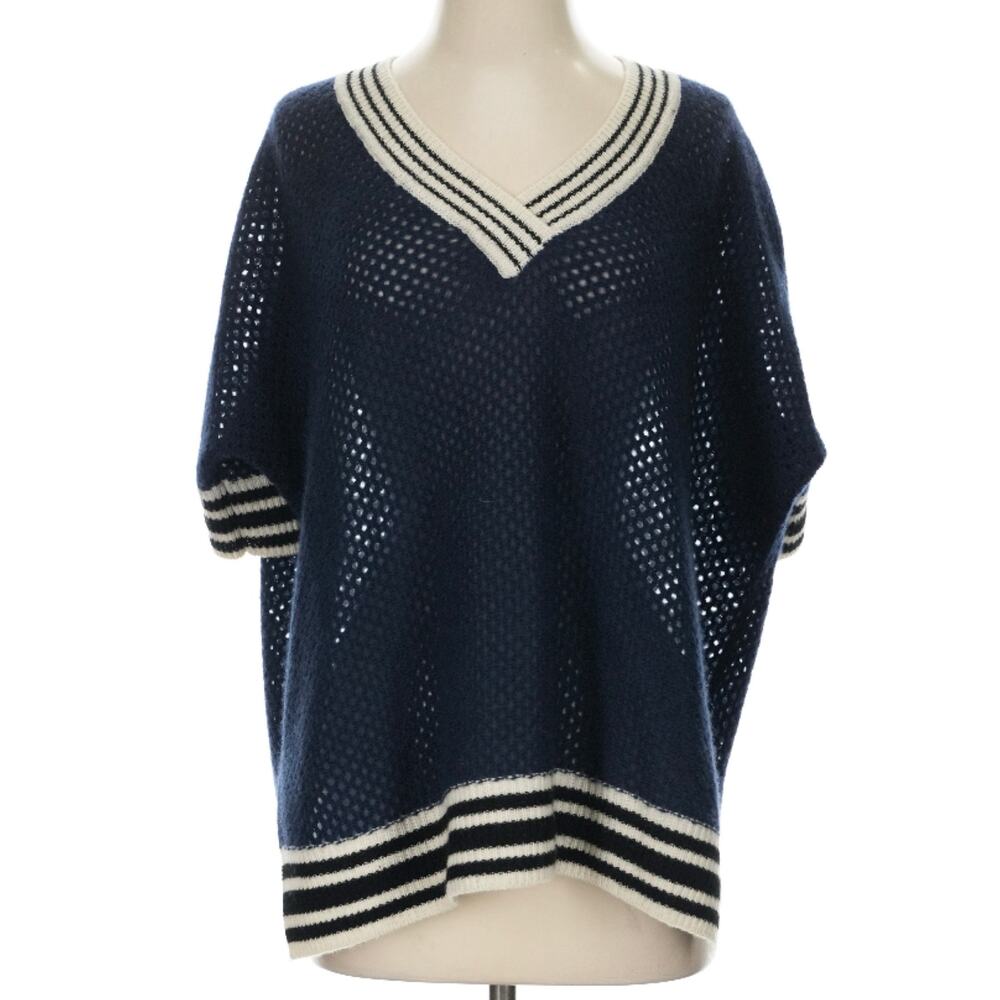 Minnie Rose Cashmere Short Sleeve Open Knit V Neck Tennis Sweater S